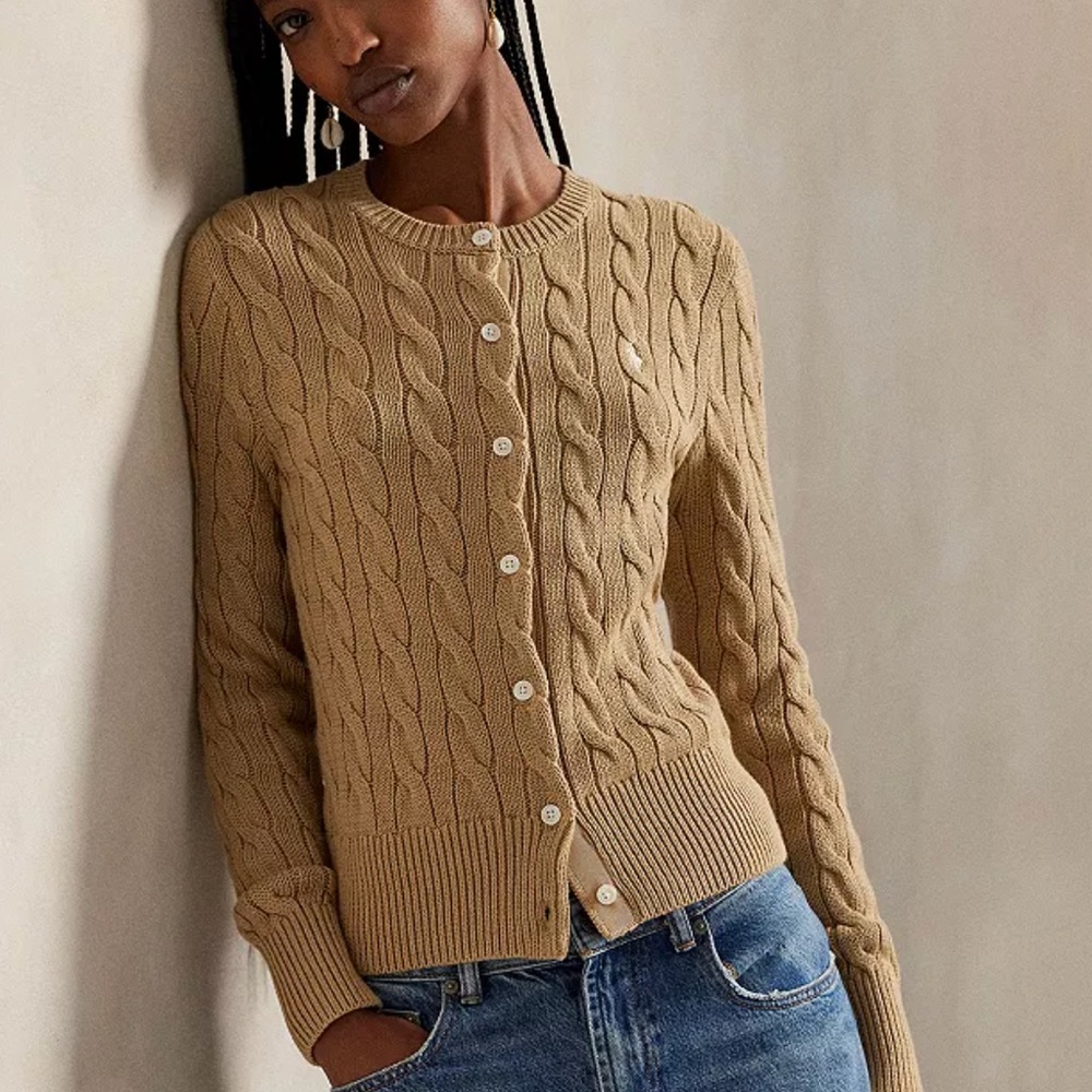 Ralph Lauren Camel Cable-Knit Button Cardigan